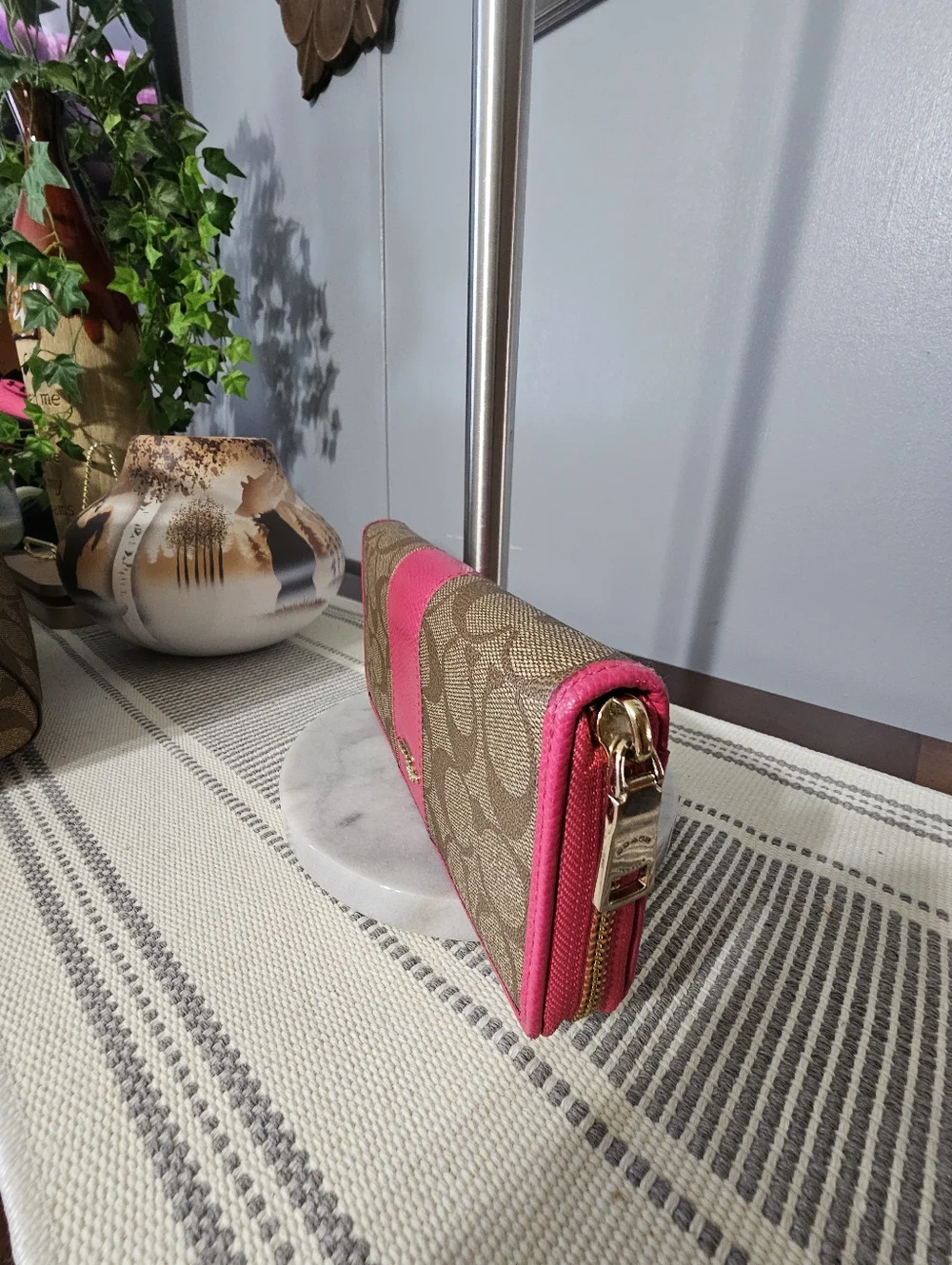 Coach Signature Canvas Wristlet with Pink Trim